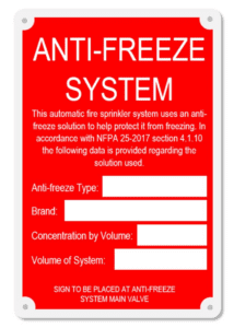 antifreeze sign for fire protection systems
